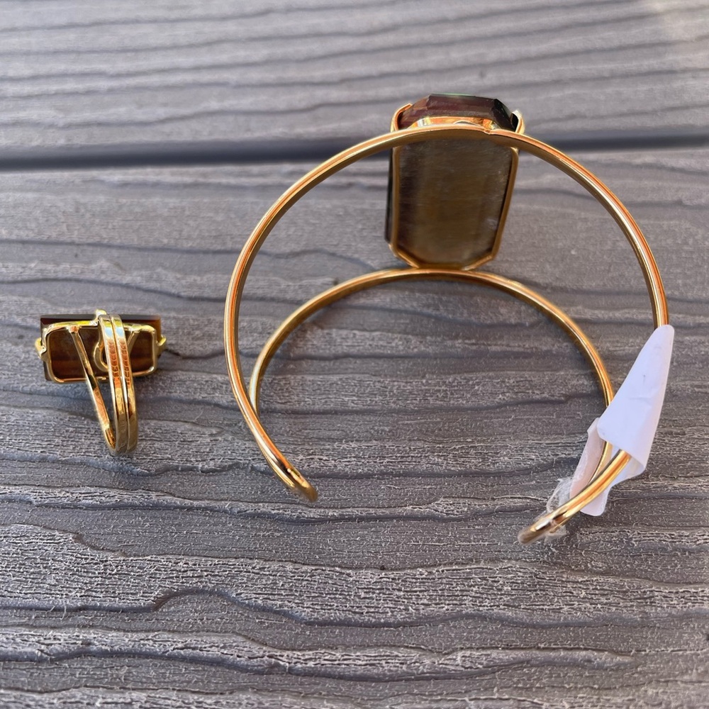 Tiger’s Eye Statement Set – Gold Adjustable Cuff … - image 4